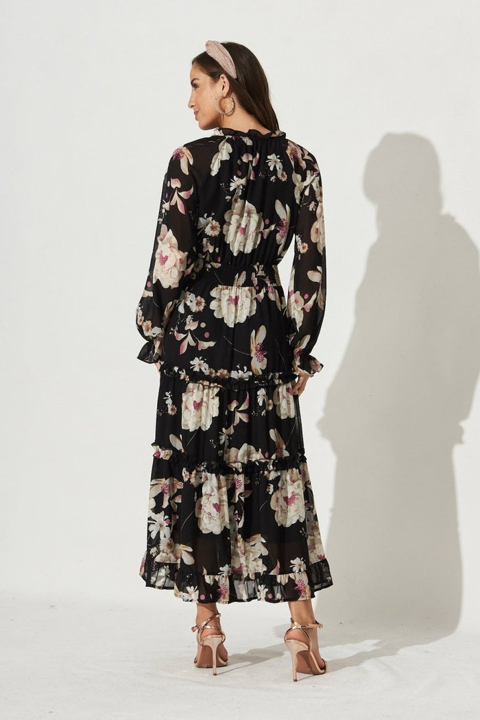 Candise Maxi Dress In Black Floral Chiffon - St Frock (Dev)