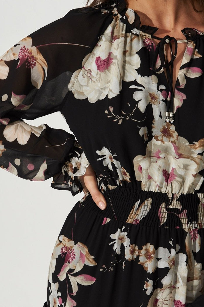 Candise Maxi Dress In Black Floral Chiffon - St Frock (Dev)