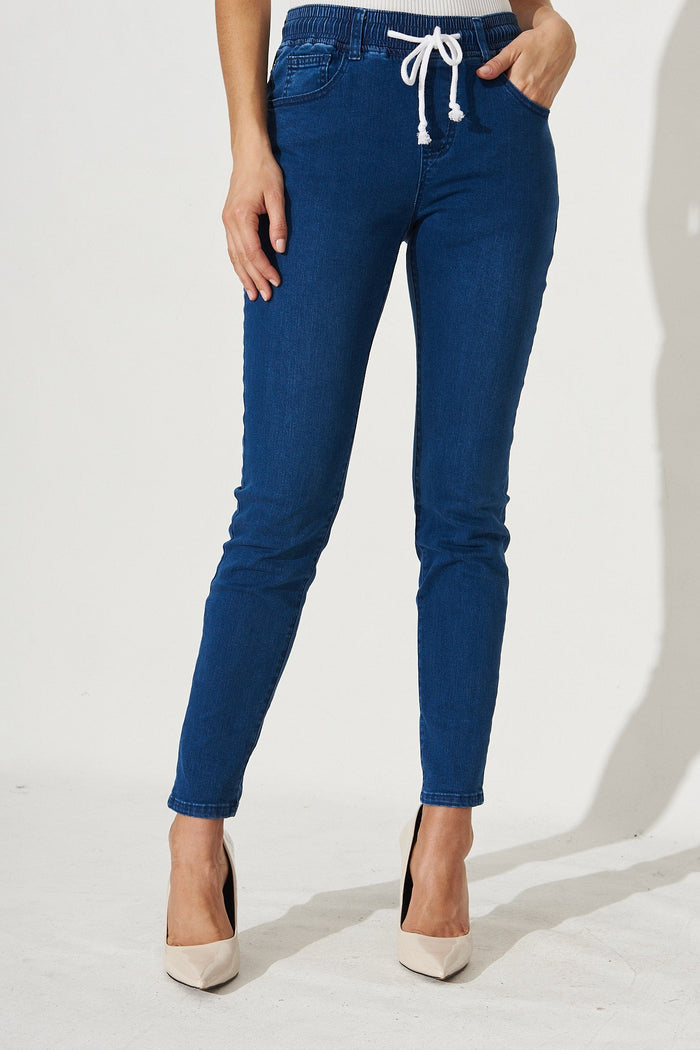 Kingston Denim Joggers in Blue - Front