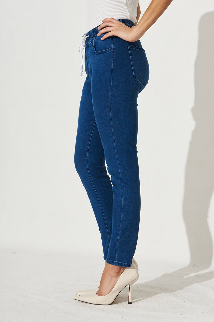 Kingston Denim Joggers in Blue - Side