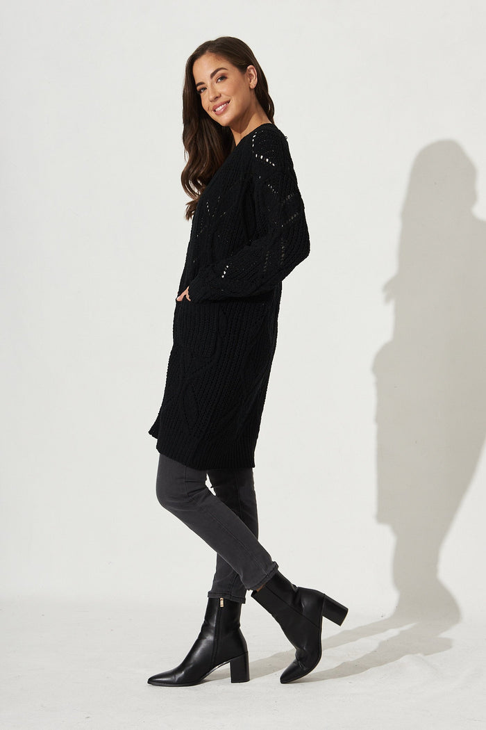 Leita Chenille Cardigan In Black - Side