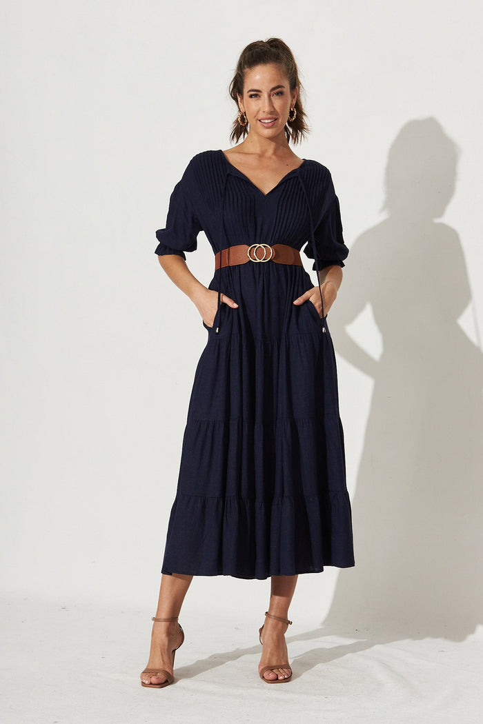 Evelyne Maxi Dress in Navy Linen Blend - Full Length