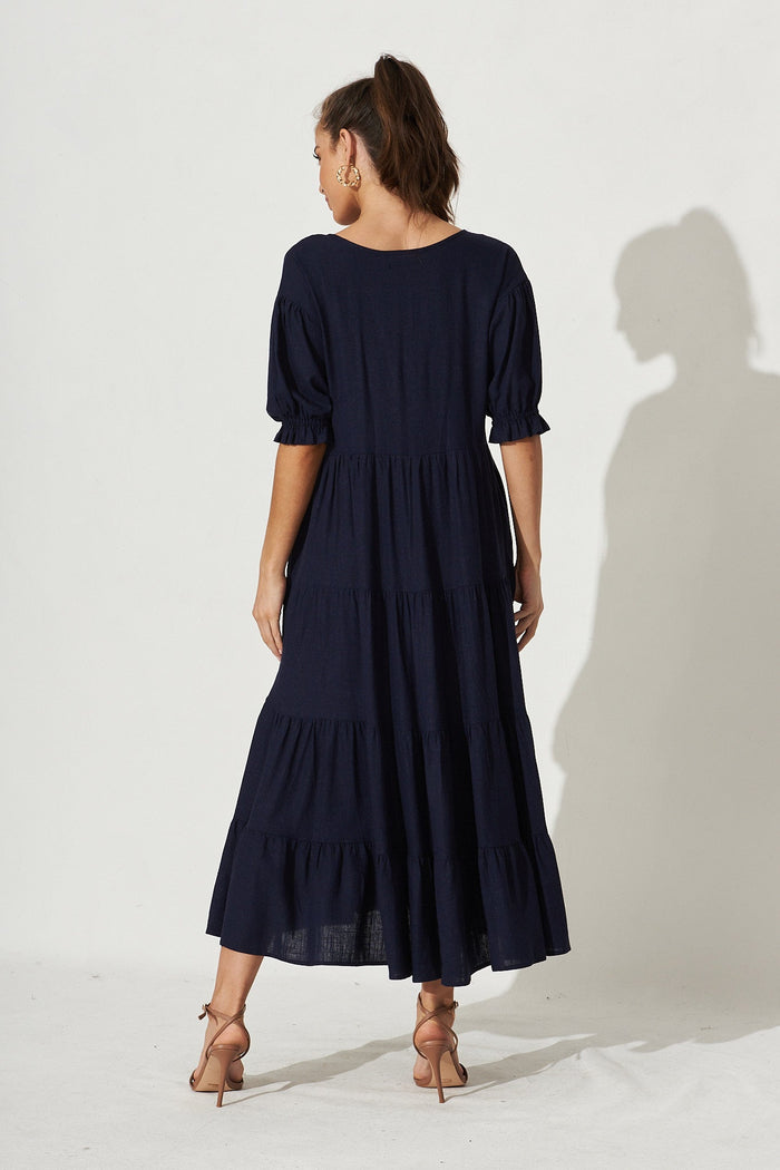 Evelyne Maxi Dress in Navy Linen Blend - Back