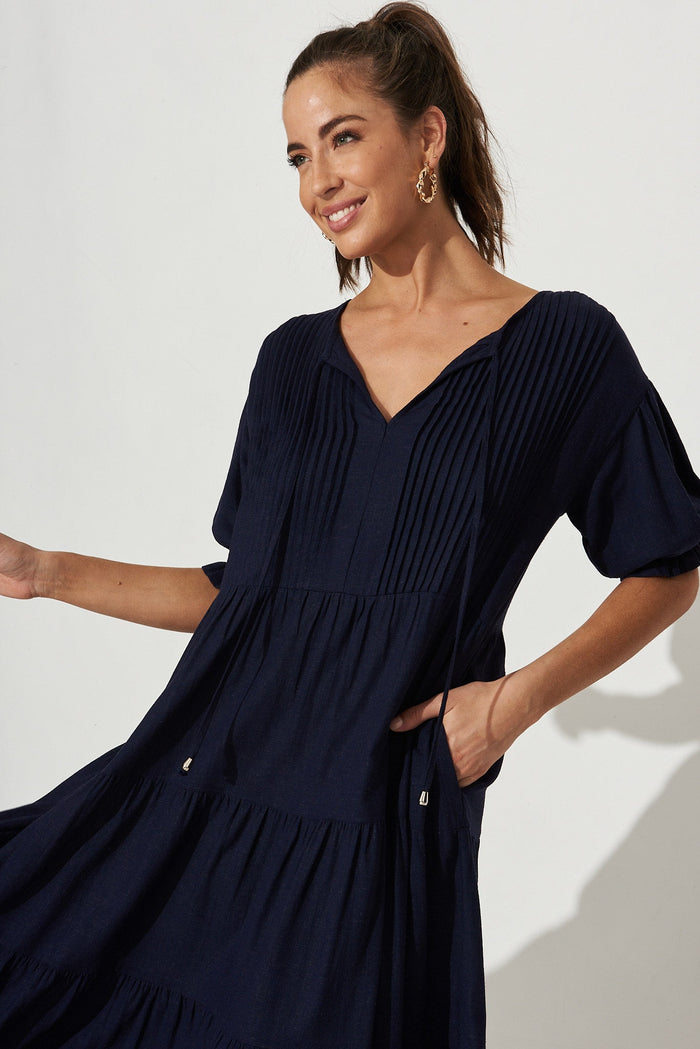 Evelyne Maxi Dress in Navy Linen Blend - Front