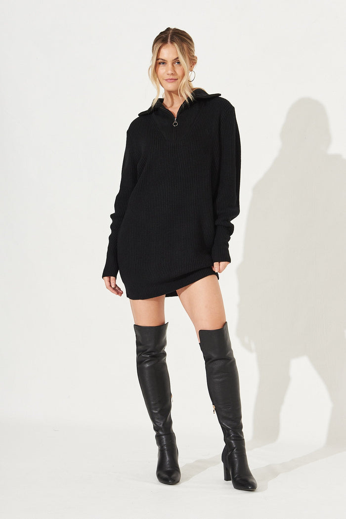 Viola Zip Athleisure Knit Dress in Black - Full Length