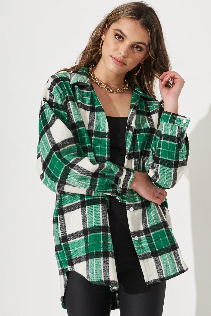 Fresia Shacket In Green With White Check - Front