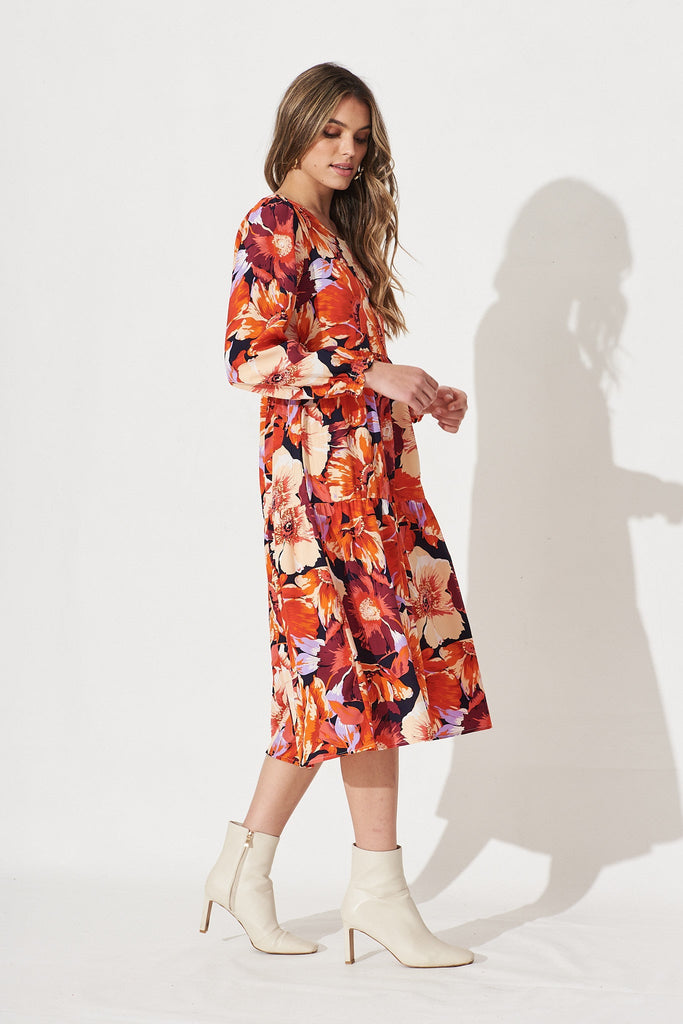 Yena Midi Dress In Navy With Rust Floral - Side