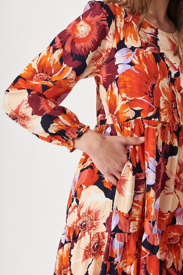 Yena Midi Dress In Navy With Rust Floral - Detail