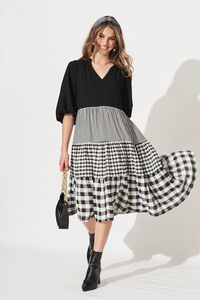 Kehlana Tiered Midi Dress In Black Multi Gingham - Full Length