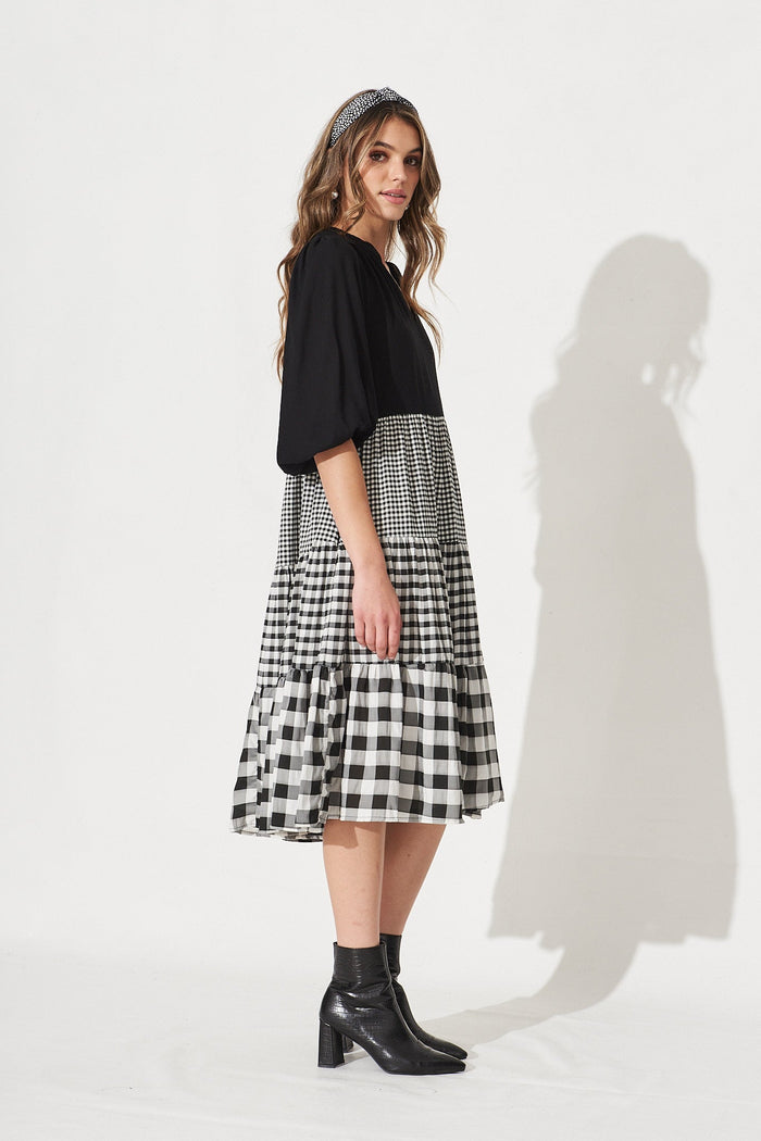 Kehlana Tiered Midi Dress In Black Multi Gingham - Side