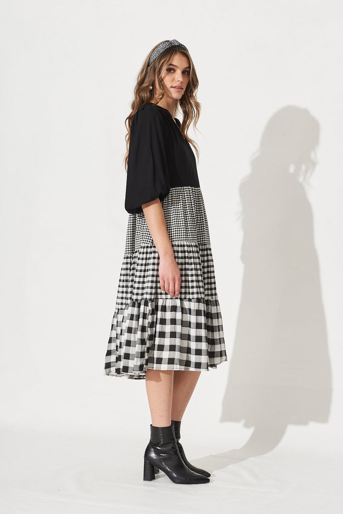 Kehlana Tiered Midi Dress In Black Multi Gingham - Side