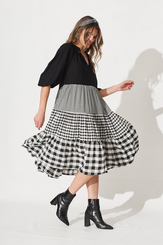 Kehlana Tiered Midi Dress In Black Multi Gingham - Side Detail