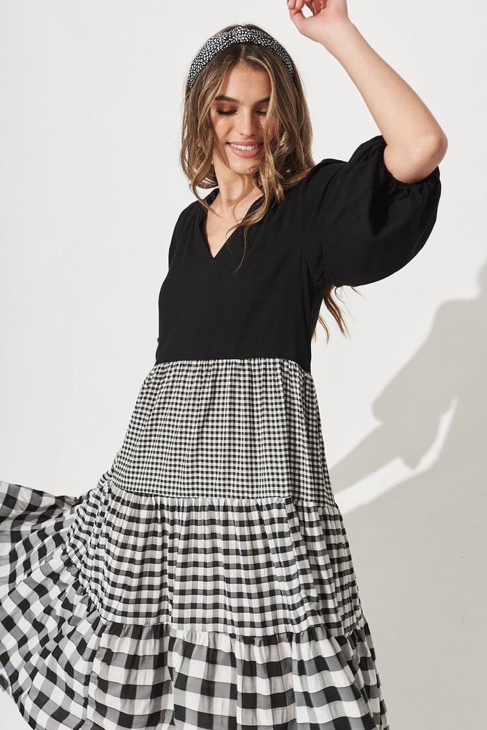 Kehlana Tiered Midi Dress In Black Multi Gingham - Front