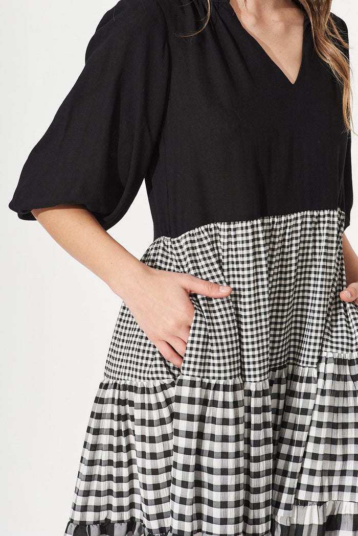 Kehlana Tiered Midi Dress In Black Multi Gingham - Detail