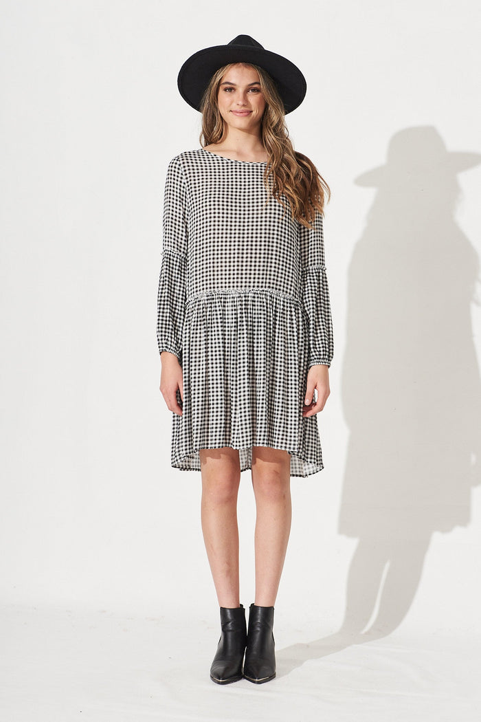 Karmen Smock Dress In Black And White Gingham - Full Length
