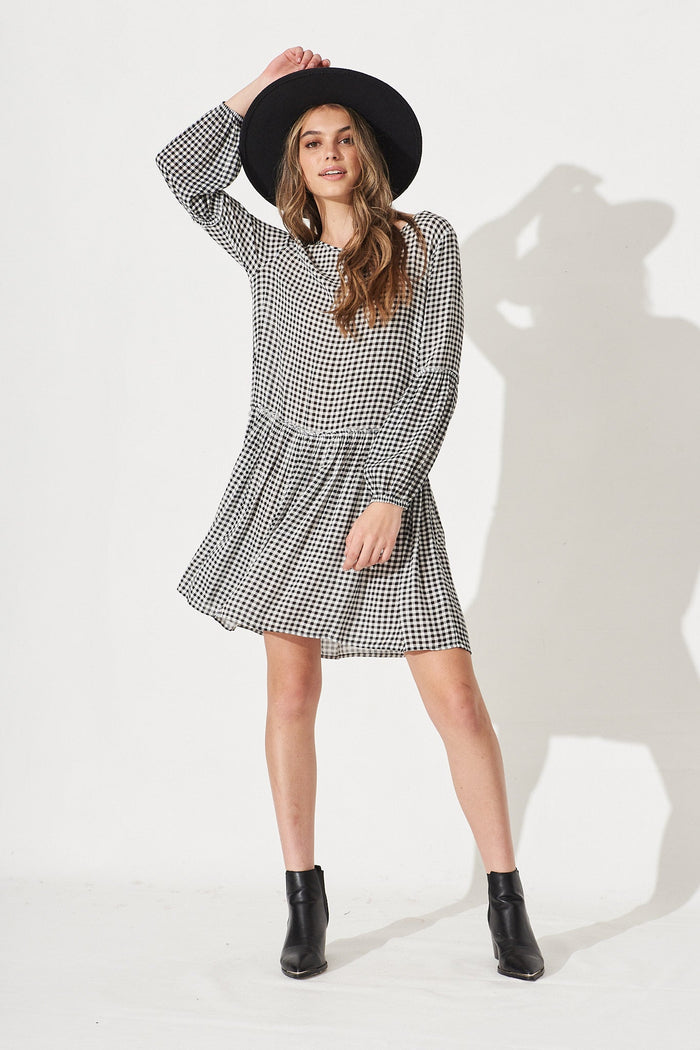 Karmen Smock Dress In Black And White Gingham - Full Length