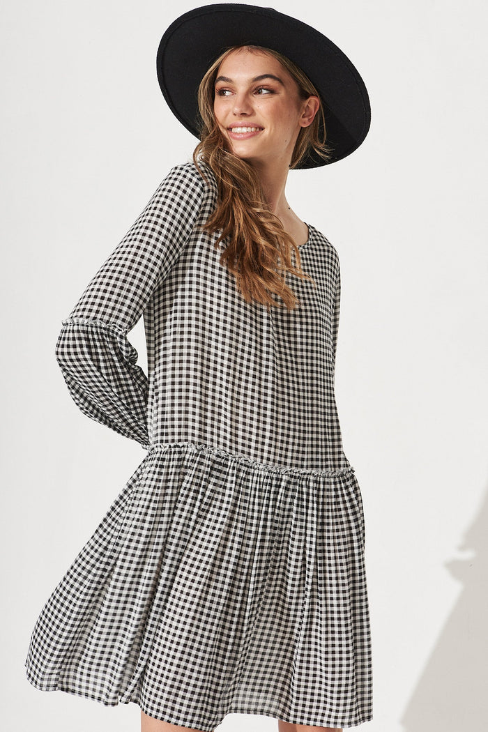 Karmen Smock Dress In Black And White Gingham - Front
