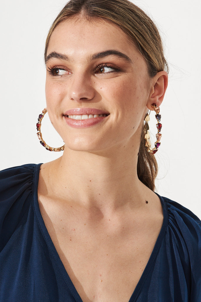 August + Delilah Monette Hoop Earrings in Gold with Pink - Front