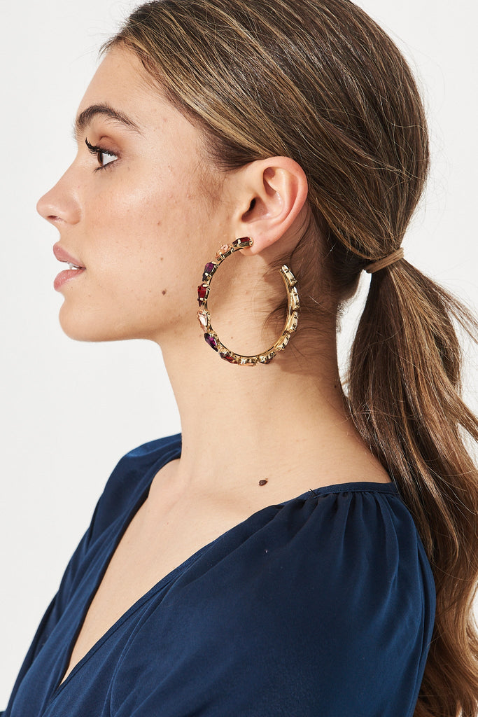 August + Delilah Monette Hoop Earrings in Gold with Pink - Side