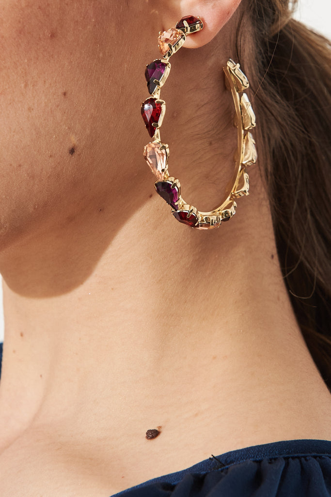 August + Delilah Monette Hoop Earrings in Gold with Pink - Detail