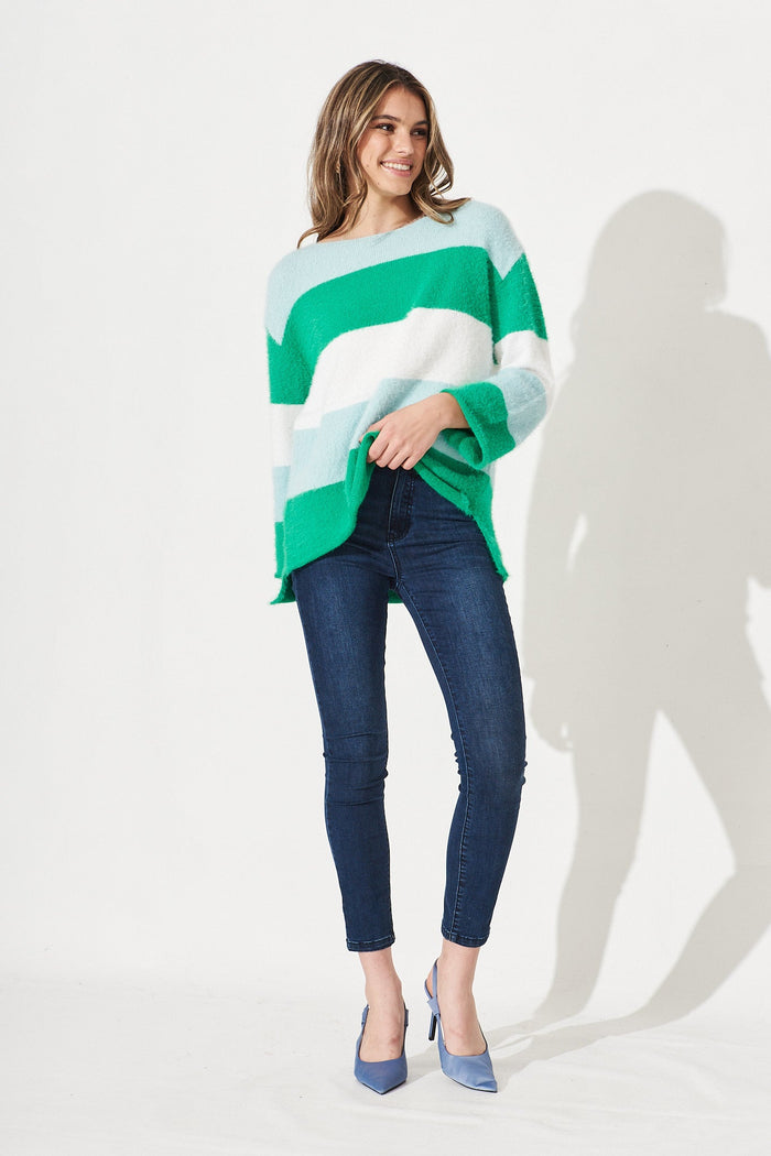 Flavia Colourblock Knit In Green And White - Full Length Detail