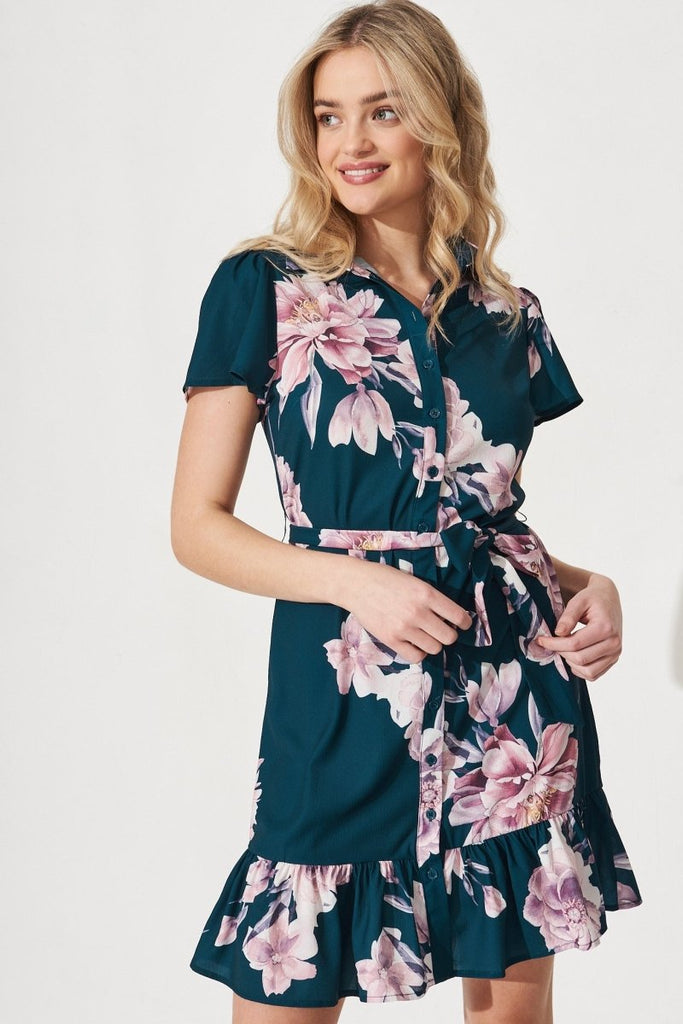 Charlotte Shirt Dress In Teal With Blush Floral - St Frock (Dev)