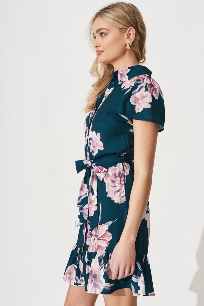Charlotte Shirt Dress In Teal With Blush Floral - St Frock (Dev)
