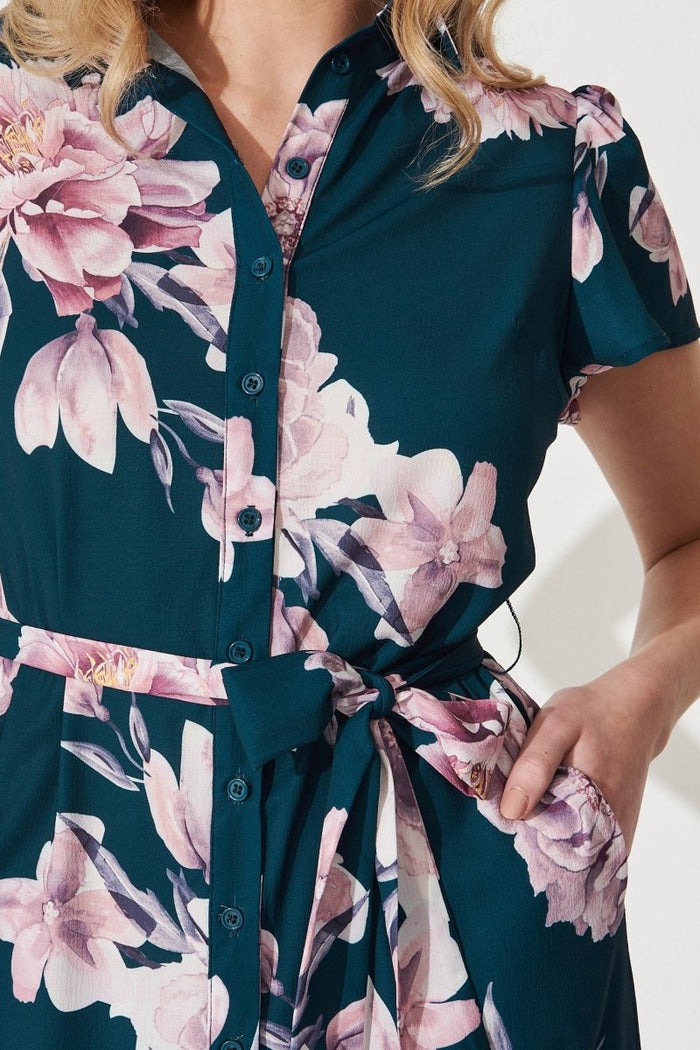 Charlotte Shirt Dress In Teal With Blush Floral - St Frock (Dev)