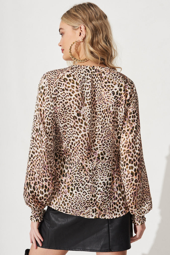Mckenna Top In Beige With Purple Leopard Satin - Back