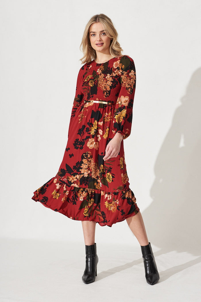 Jasmina Midi Dress In Red With Black Floral - Full Length Styling