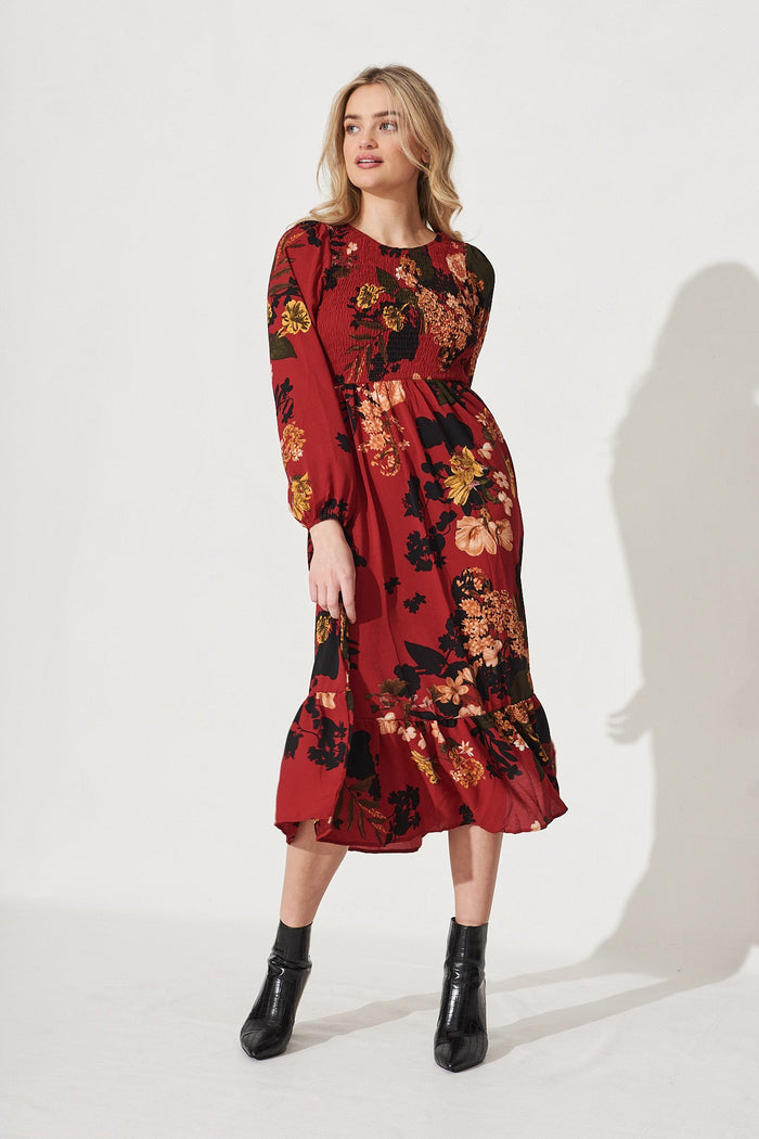 Jasmina Midi Dress In Red With Black Floral - Full Length