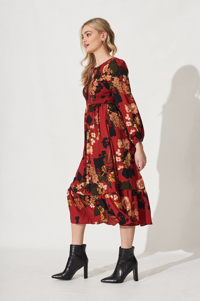 Jasmina Midi Dress In Red With Black Floral - Side