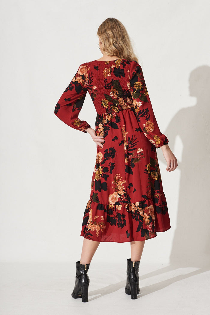 Jasmina Midi Dress In Red With Black Floral - Back