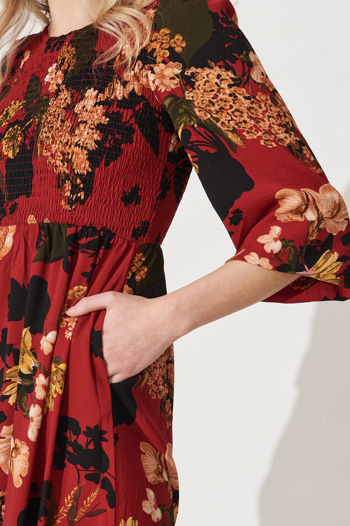Jasmina Midi Dress In Red With Black Floral - Detail