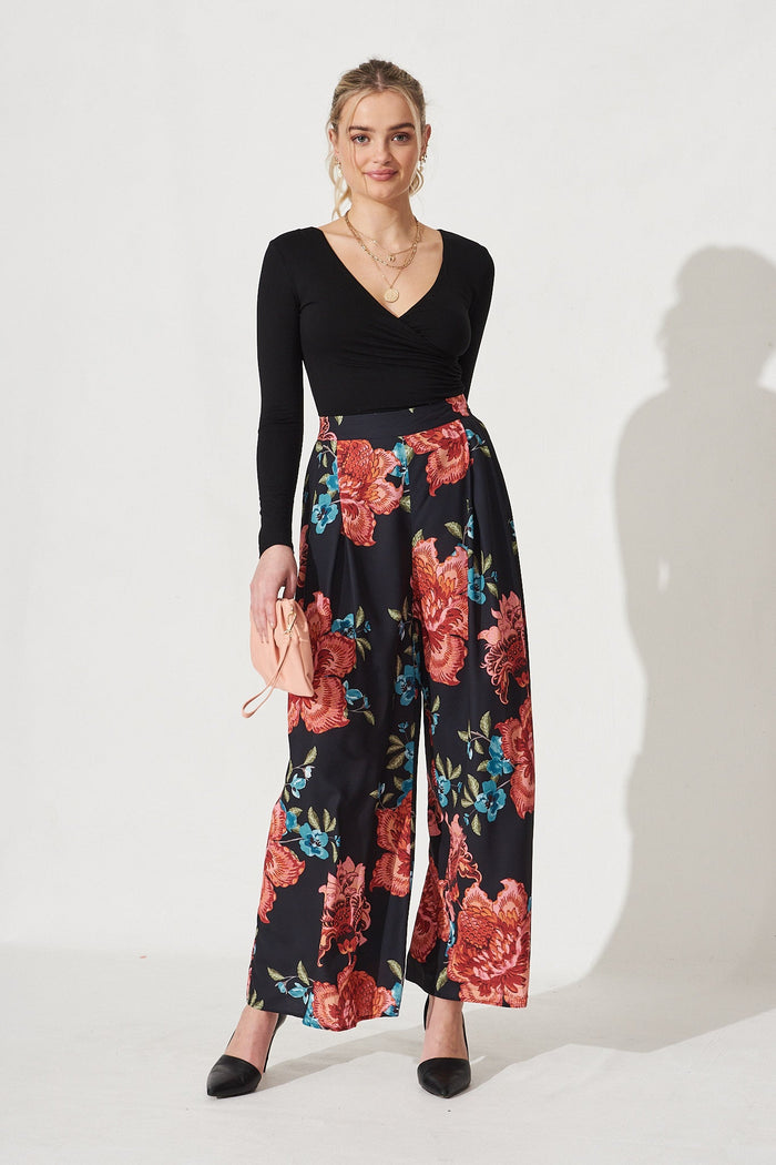 Mollie Pants In Black With Red Floral - Full Length