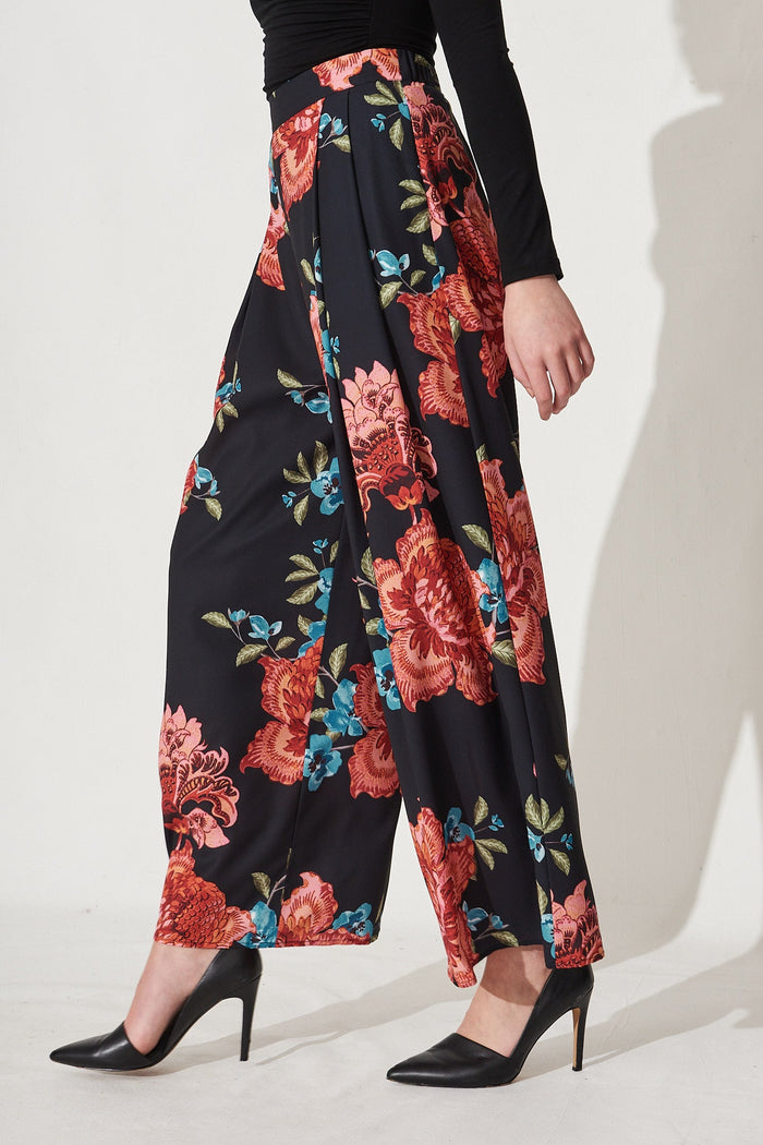 Mollie Pants In Black With Red Floral - Side