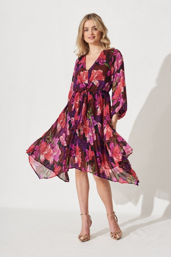 Bronny Midi Dress In Black With Purple Floral Chiffon - St Frock (Dev)