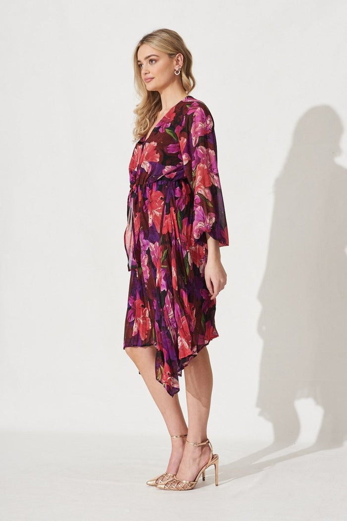 Bronny Midi Dress In Black With Purple Floral Chiffon - St Frock (Dev)