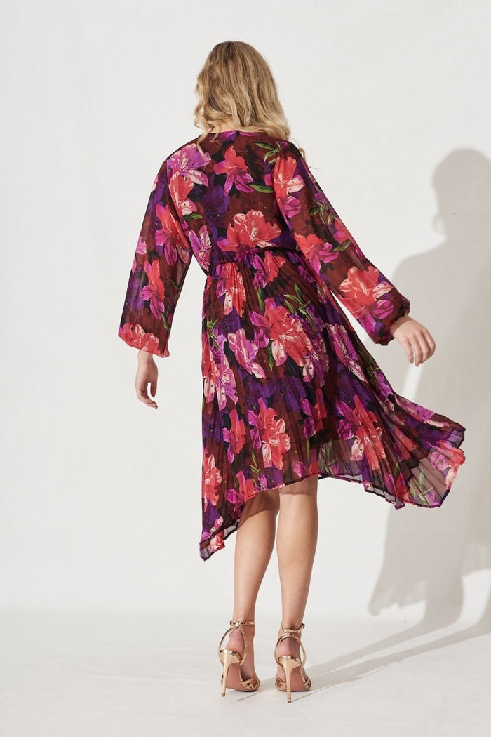 Bronny Midi Dress In Black With Purple Floral Chiffon - St Frock (Dev)