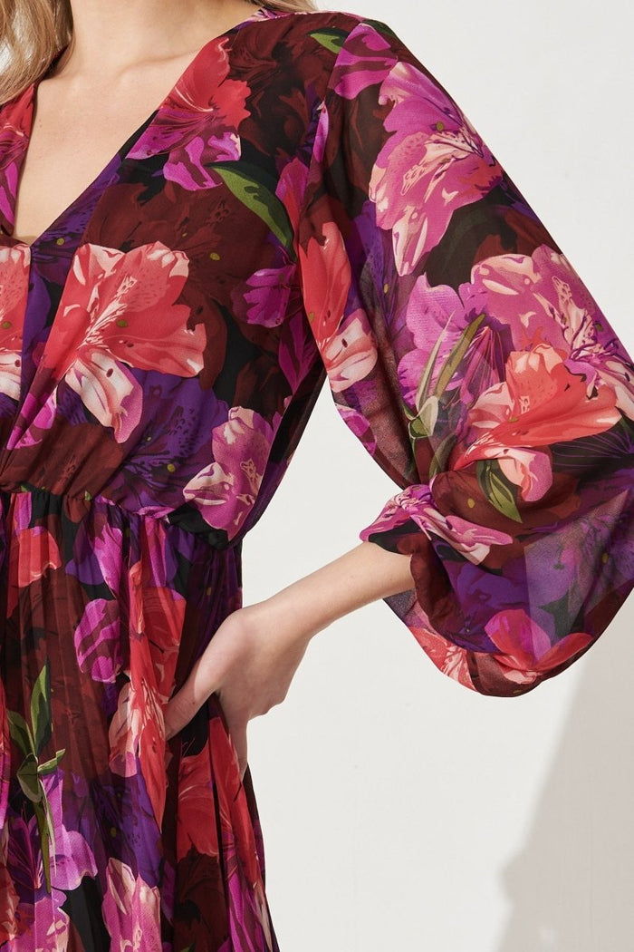 Bronny Midi Dress In Black With Purple Floral Chiffon - St Frock (Dev)