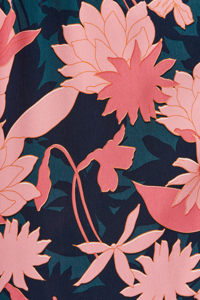 Lavinia Midi Dress In Teal With Blush Floral Satin - fabric