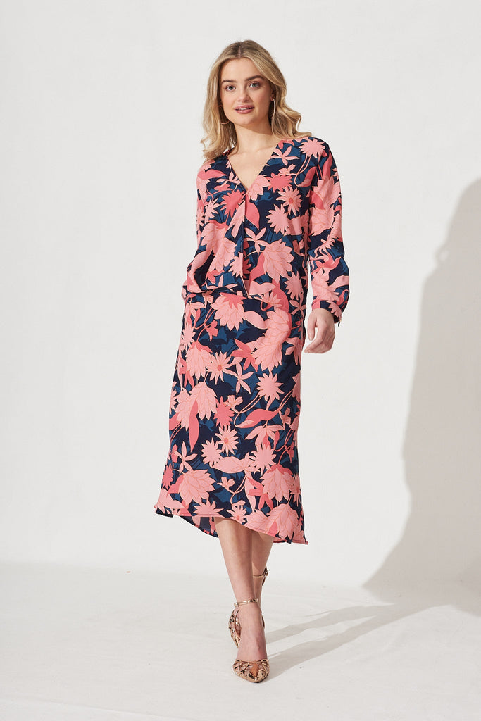 Jorji Top In Teal With Blush Floral Satin - Full Length Styling