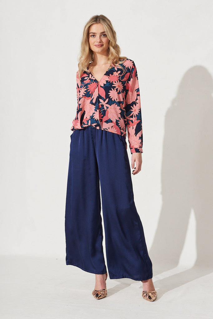 Jorji Top In Teal With Blush Floral Satin - Full Length