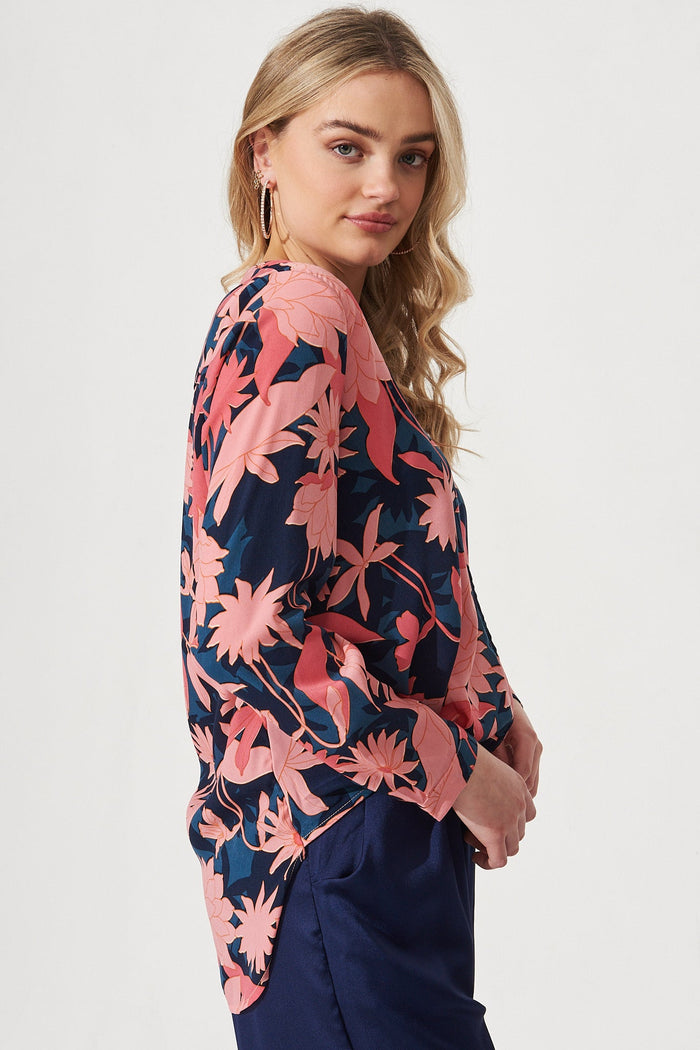 Jorji Top In Teal With Blush Floral Satin - Side