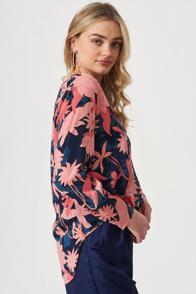 Jorji Top In Teal With Blush Floral Satin - Side