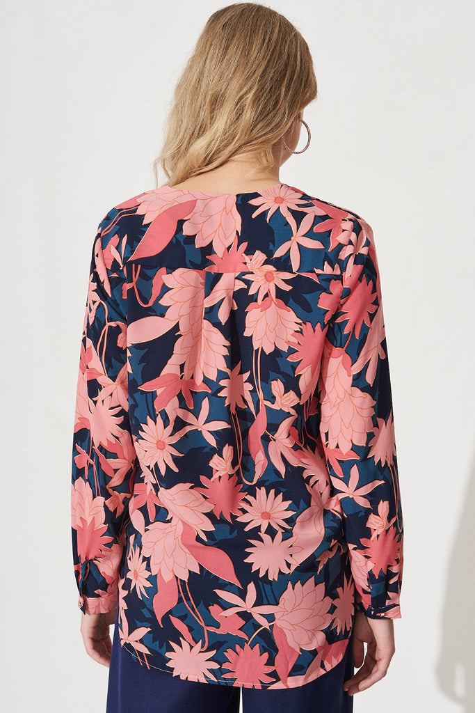 Jorji Top In Teal With Blush Floral Satin - Back