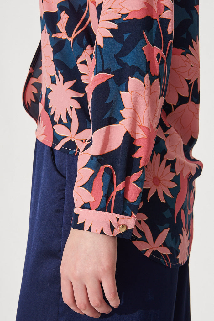 Jorji Top In Teal With Blush Floral Satin - Detail