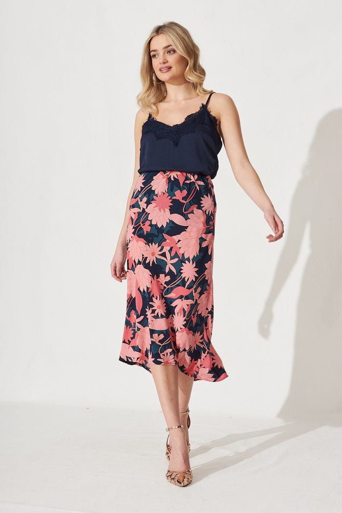 Wild Bloom Midi Skirt In Teal With Blush Floral Satin - Full Length