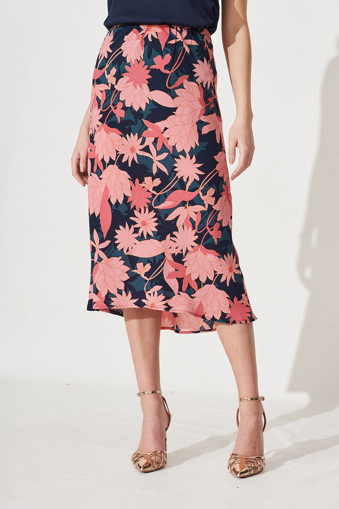Wild Bloom Midi Skirt In Teal With Blush Floral Satin - Front