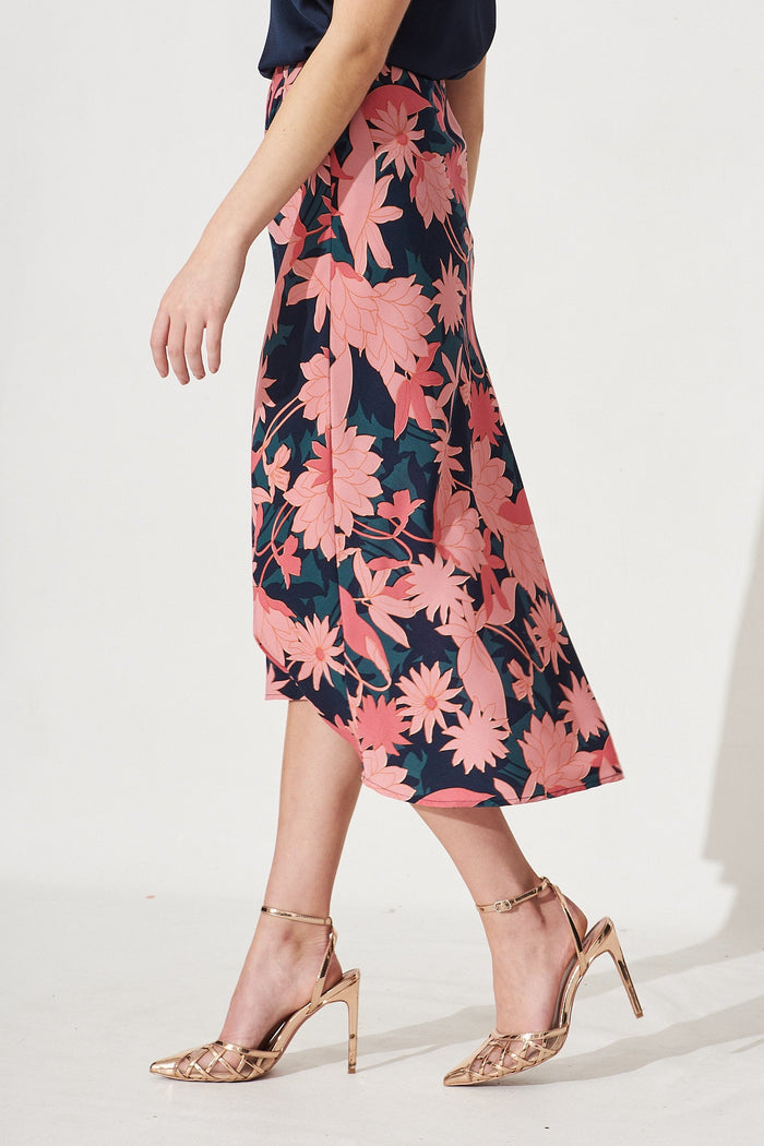 Wild Bloom Midi Skirt In Teal With Blush Floral Satin - Side